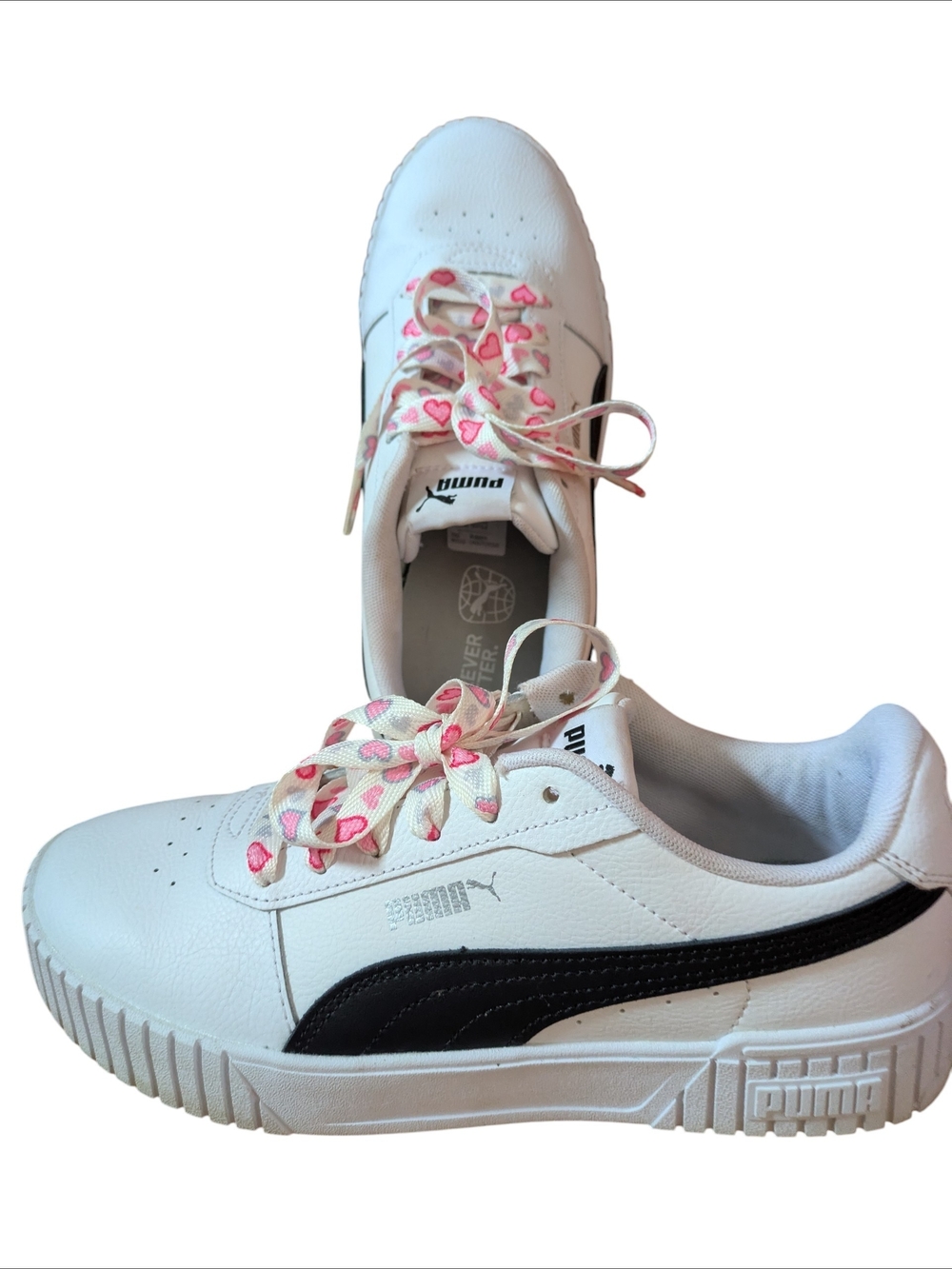 Puma White Sneakers with Black Formstripe and Pink Heart Laces